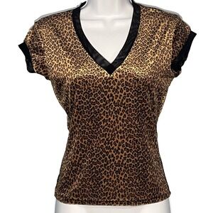 VTG‎ Express Y2K Leopard Velour Top Womens XS Mesh Trim 90s Grunge Rachel Greene